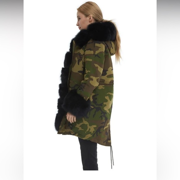 VOLARE New York Camouflage fox fur jacket army green and black size S NWT - Picture 3 of 16